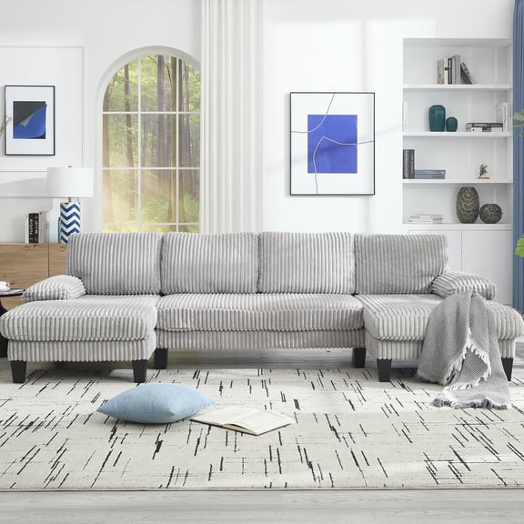 FFZ U-Shaped Sofa with Double Chaise, Oversized Seats, Metal & Wood Frame, Light Gray