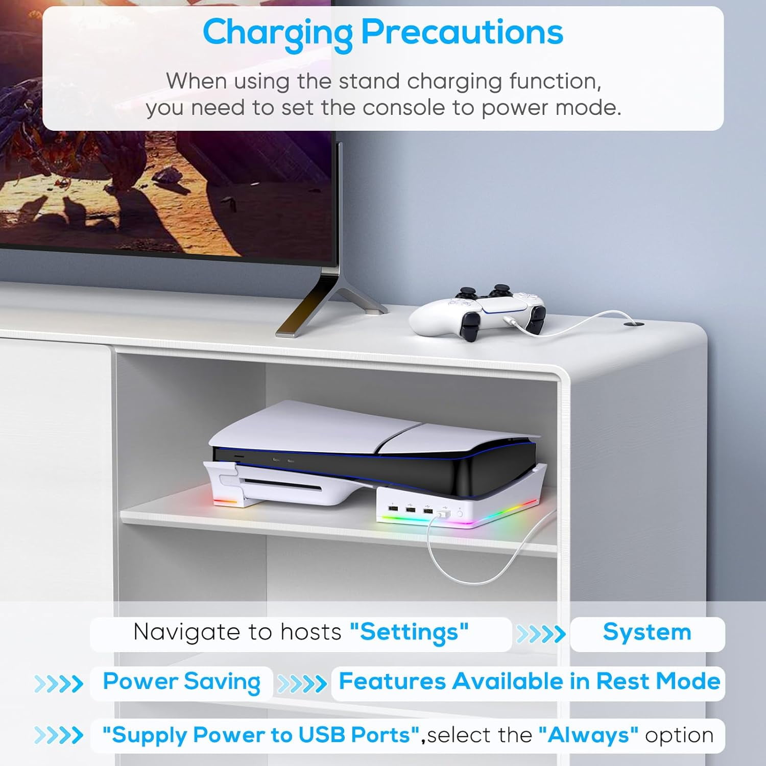 GAEKOL RGB Horizontal Stand for PS5 Slim Console Accessories with 14 Light Mode and 4 USB Hubs, Side Stand for Playstation 5 Slim Disc & Digital, Base Holder with Fast Controller Charging, White