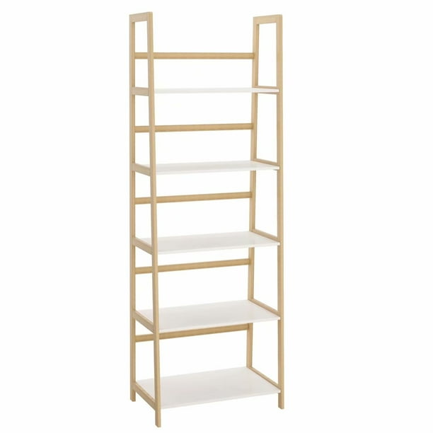 Solid Bamboo Wood 5 Tiered Bookshelf, Carlie White And Brown 5 Shelf Ladder Bookcase