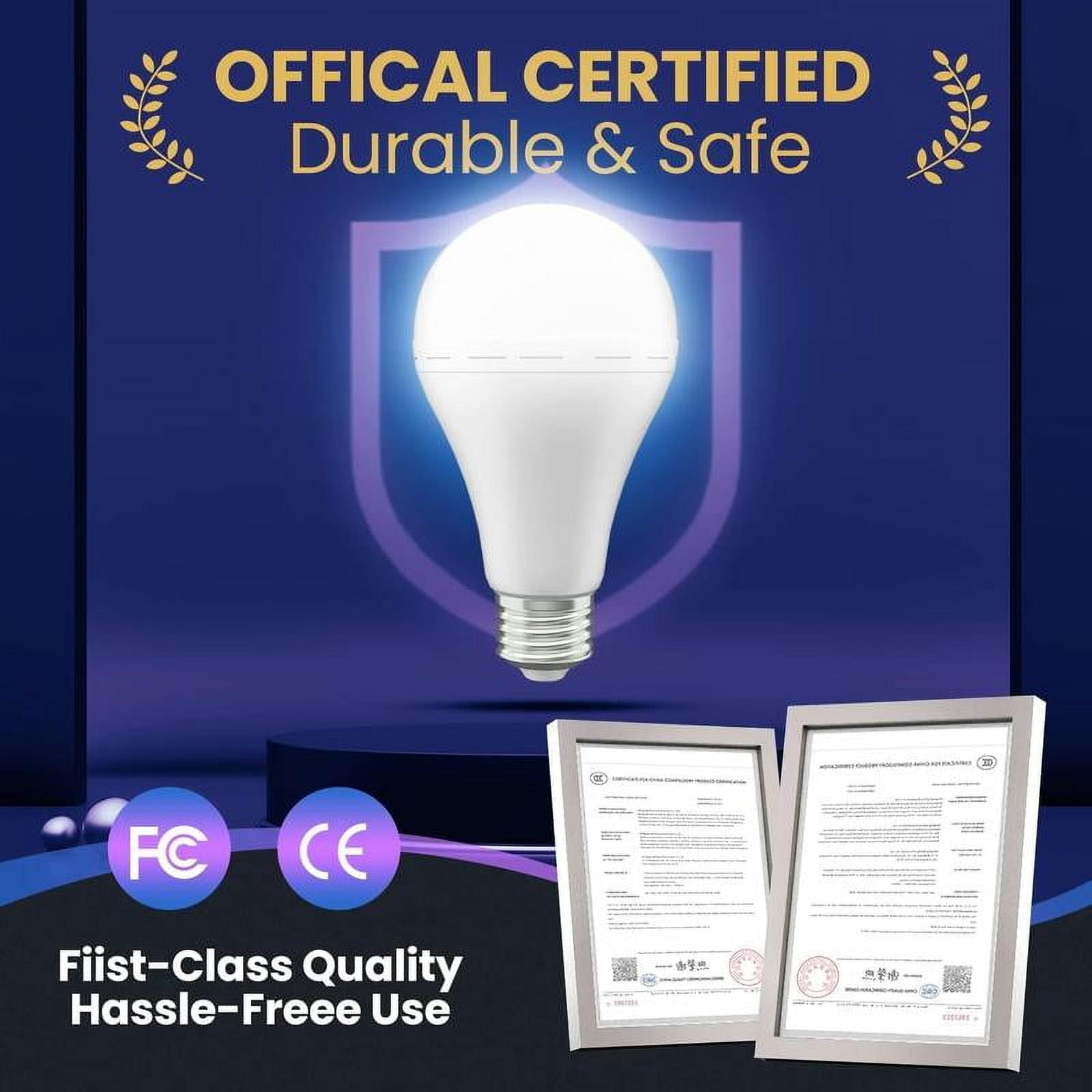 4 Pack Rechargeable Emergency Light Bulbs A19, Camping Lamp Battery Powered LED Light Bulb 6000K Daylight E26 E27 120 Volt 12W 60W Equivalent with 1200mAh for Home Power Outage Camping Hurricane