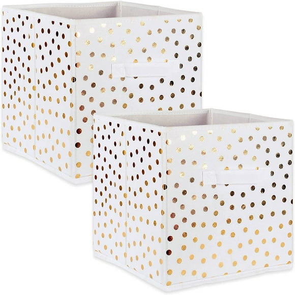 Woven Storage Collection Polka Dot Collapsible Bin Small Set 11x11x11” Cube White & Gold 2 Piece