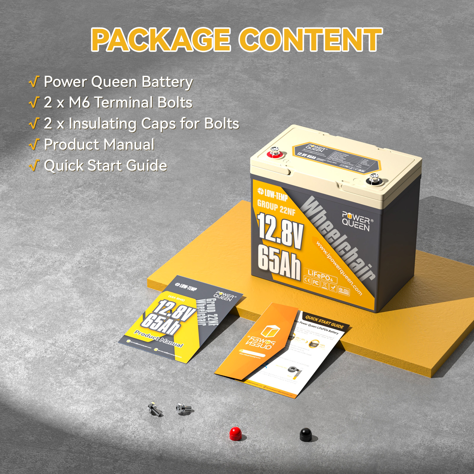 Power Queen 12V 65Ah Group 22NF LiFePO4 Lithium Battery 832Wh for Wheel Chair,Trolling Motor,Camping,Mobility Scooter