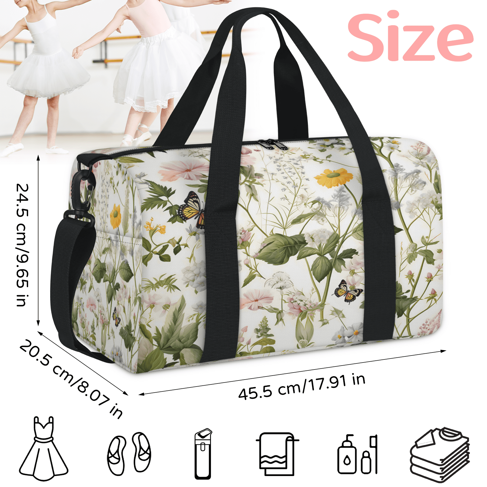 Herdesigns Wildflowers Plants Gym Bag for Women, Duffle Bag for Travel Sport, Lightweight Waterproof Carry on Weekender Overnight Dance Yoga Workout Bags
