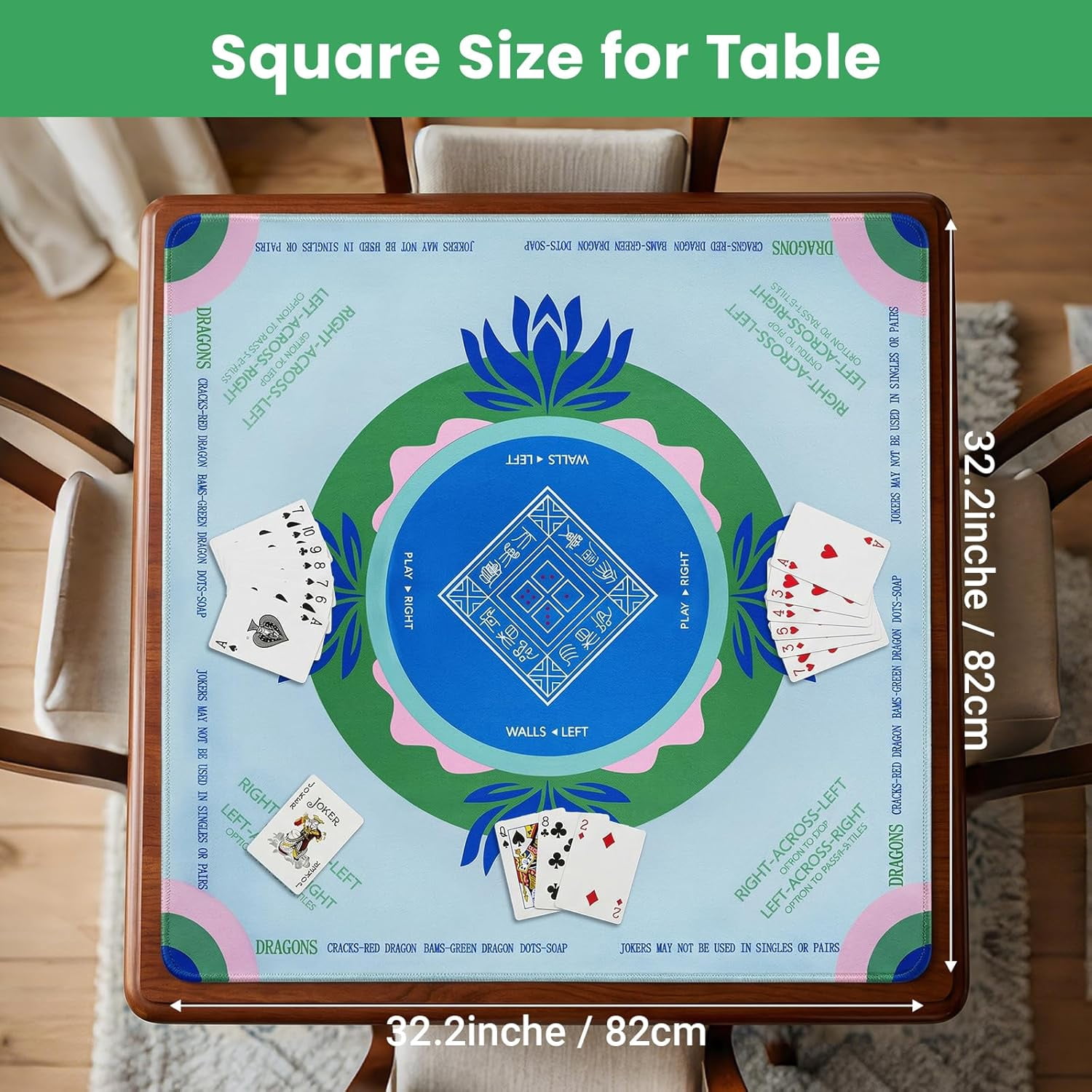 Mahjong Mat with Rules, 32.2 Inch Square Neoprene Mahjong Mats for Table, Quiet Noise Reduction Mah Jong Mat, Rubber Anti-Slip Base for Board Games, Tiles Game & Dominoes Green