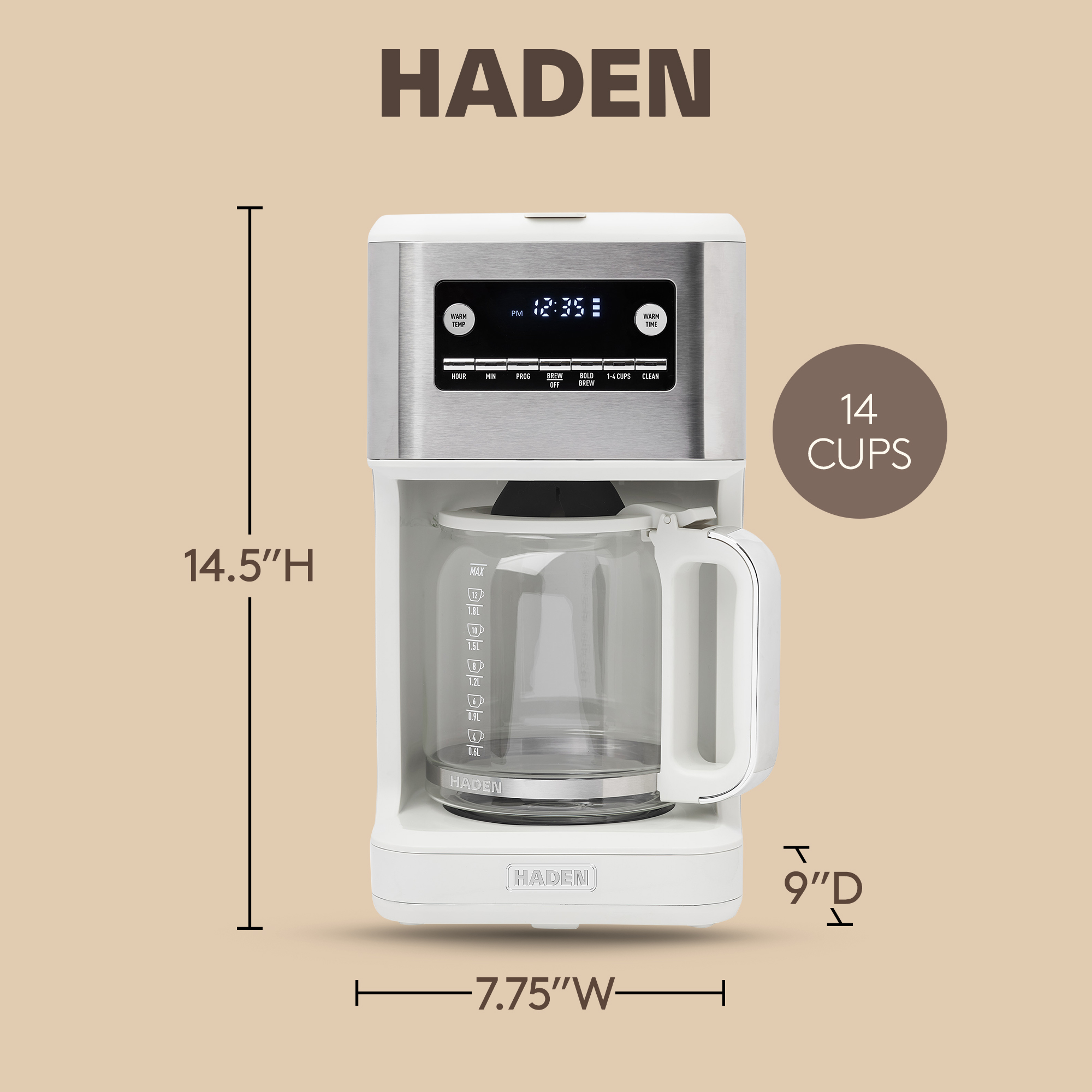 Haden Generous Brew 14 Cup Programmable Digital Coffee Maker, Ivory/Chrome