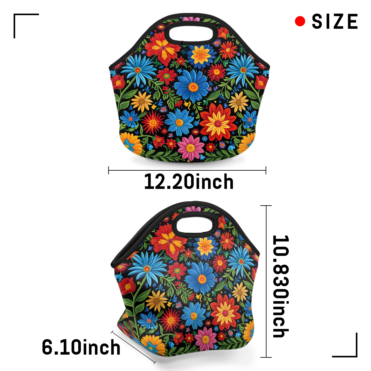 Herdesigns Spring Watercolor Floral Neoprene Lunch Bag, Colorful Flowers Insulated Lunch Box for Women Men Washable Lunch Tote Soft Lunch Container With Zipper for Work Picnic Travel