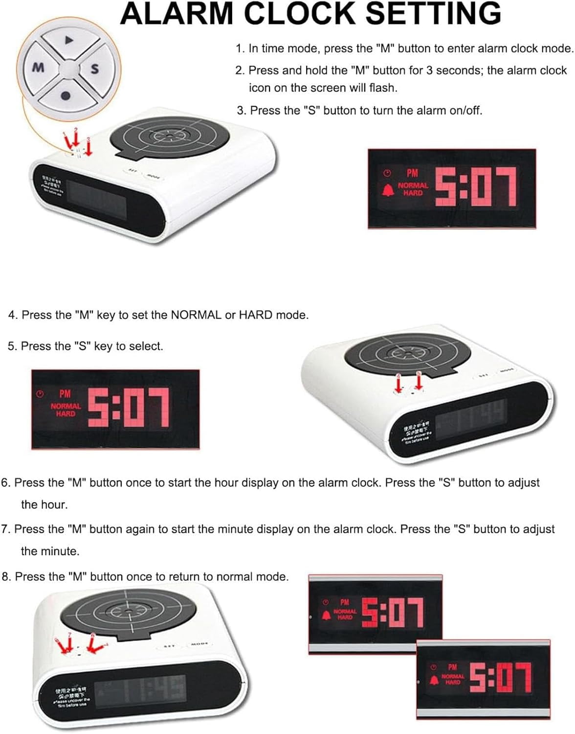 Gun and Target Alarm Clock, Interactive Shooting Game Wake-Up Clock, Digital Shot Timer with 2 Alarm Modes & LED Display, Personalized Runaway Clock for Heavy Sleepers Bedroom Home (Black)