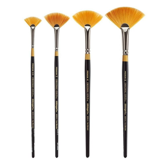 Kingart Original Gold, 9200 Fan Blender Series, Premium Golden Taklon Multimedia Artist Brushes, 4/Set, All Ages