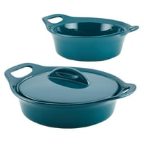 Rachael Ray Ceramic Casserole Bakers with Shared Lid Set, 3-Piece, Teal