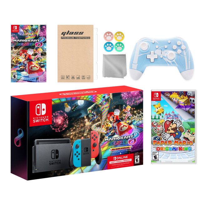 Nintendo Switch Mario Kart 8 Deluxe Bundle: Red/Blue Console, Mario Kart 8 & Membership, Paper Mario: The Origami King, Mytrix Wireless Pro Controller Blue Bamboo and Accessories
