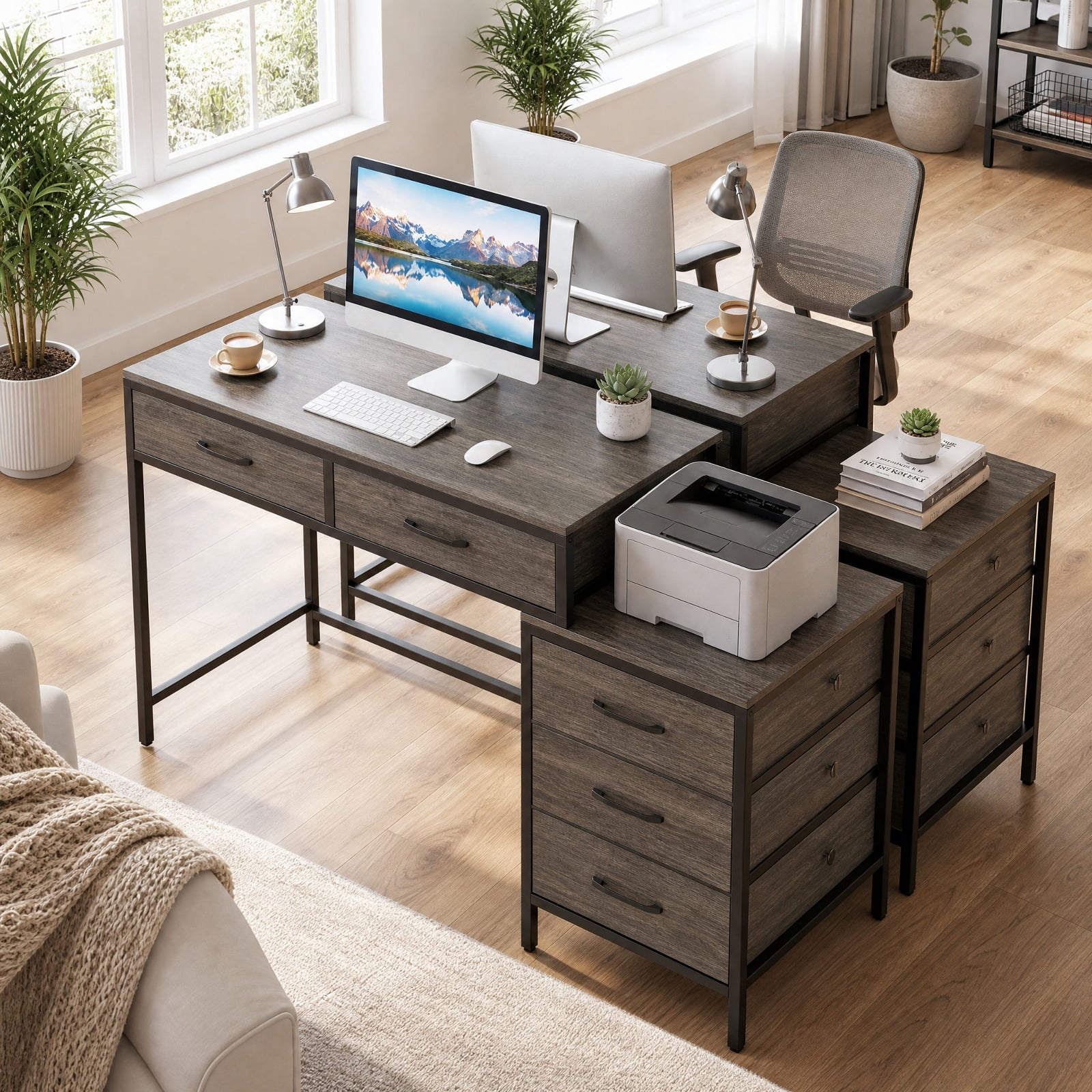 Furnibear Computer Desk with 5 Drawers and Printer Stand for Bedroom and Small Spaces for Home Office Study Computer Writing Workstation, Oak