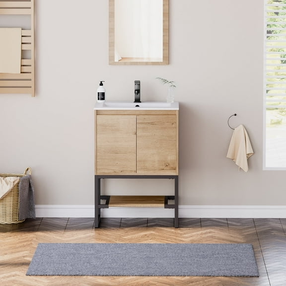 Eclife 24 Inch Freestanding Bathroom Vanity with Drop-In Sink Top, Water Efficient Faucet, Fast Drain, Overflow with Tiny Backsplash