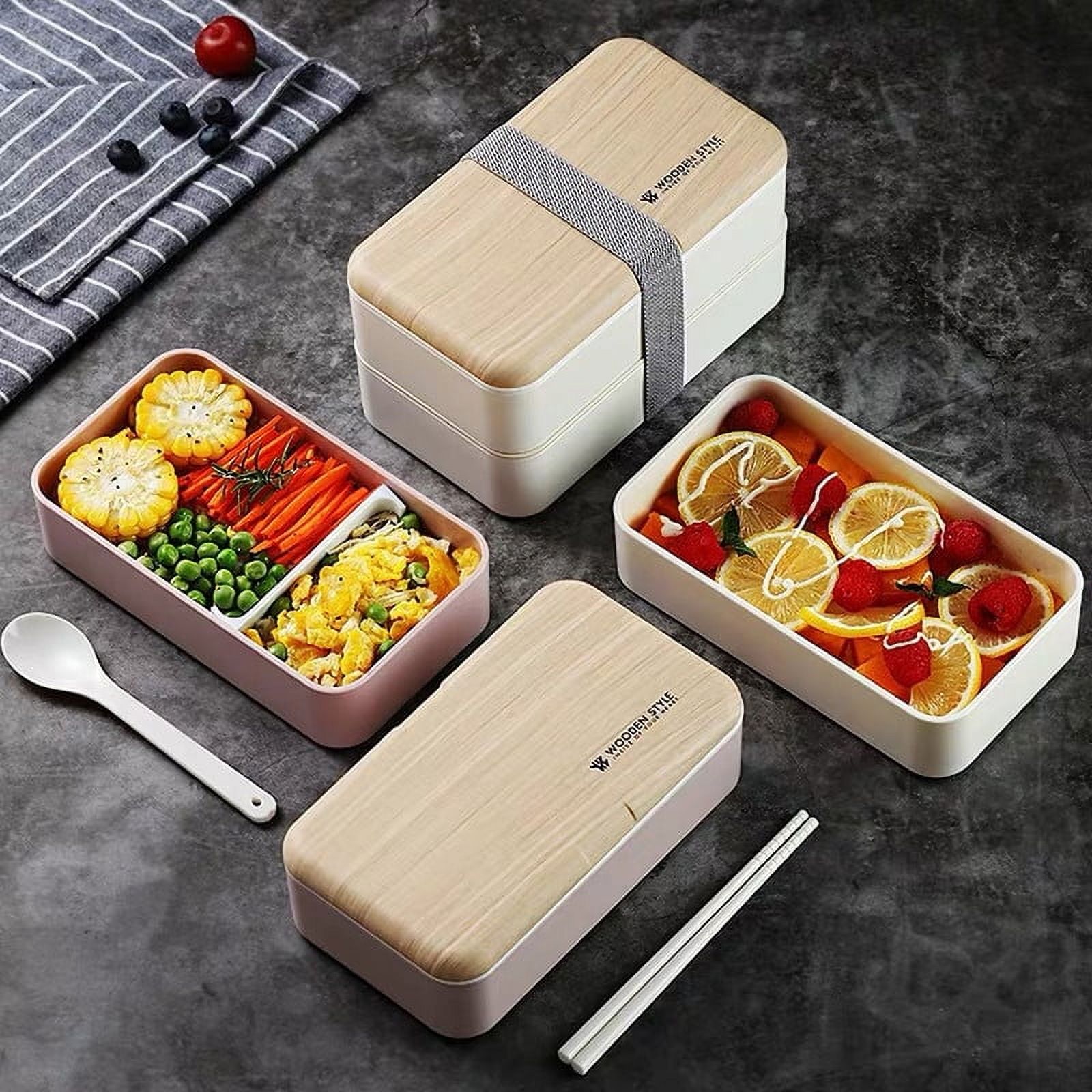 Original Bento Box Lunch Box Japanese Style 2 Layer Food Containers with Utensils Spoon and Fork Bundle Divider Salad Box for Men Women(Pink)