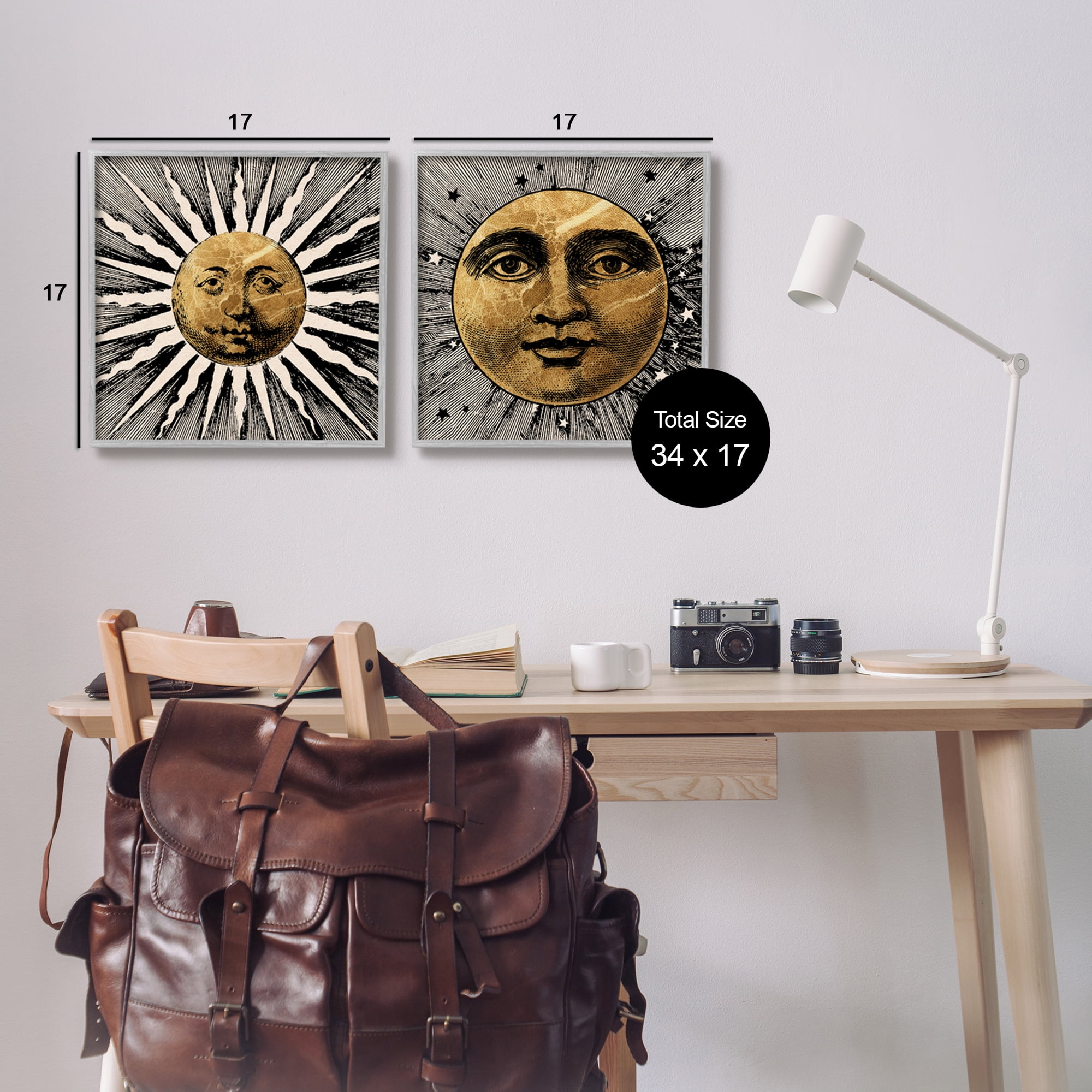 Stupell Industries Boho Sun & Moon Landscape Painting Gray Framed Art Print Wall Art, 17 x 17