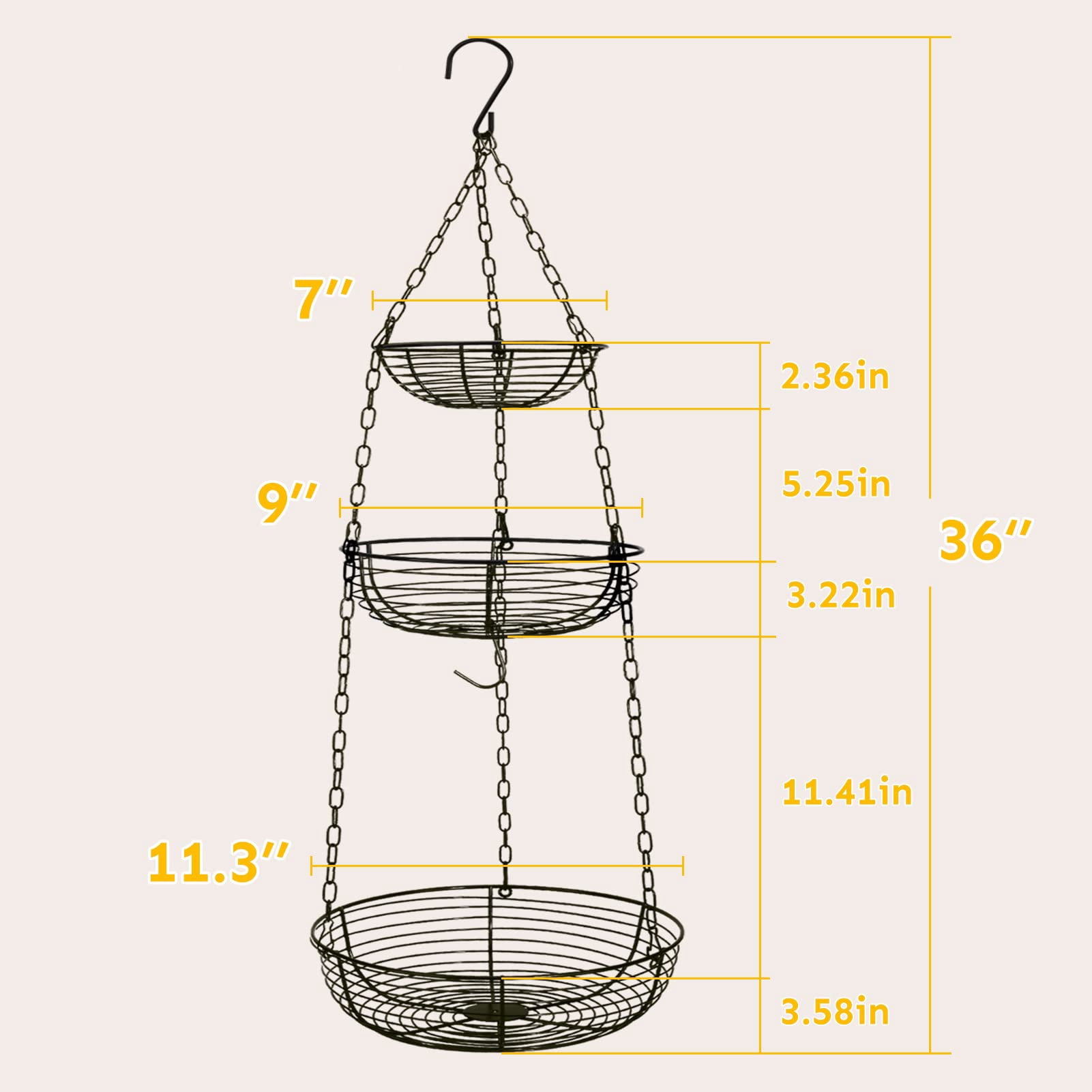 3 Tier Hanging Fruit Basket with Banana Hook, Heavy Duty Wire Hanging Baskets for Kitchen Storage, 36 Inch Hanging Vegetable Produce Basket Organizer (Including Installation Bracket)