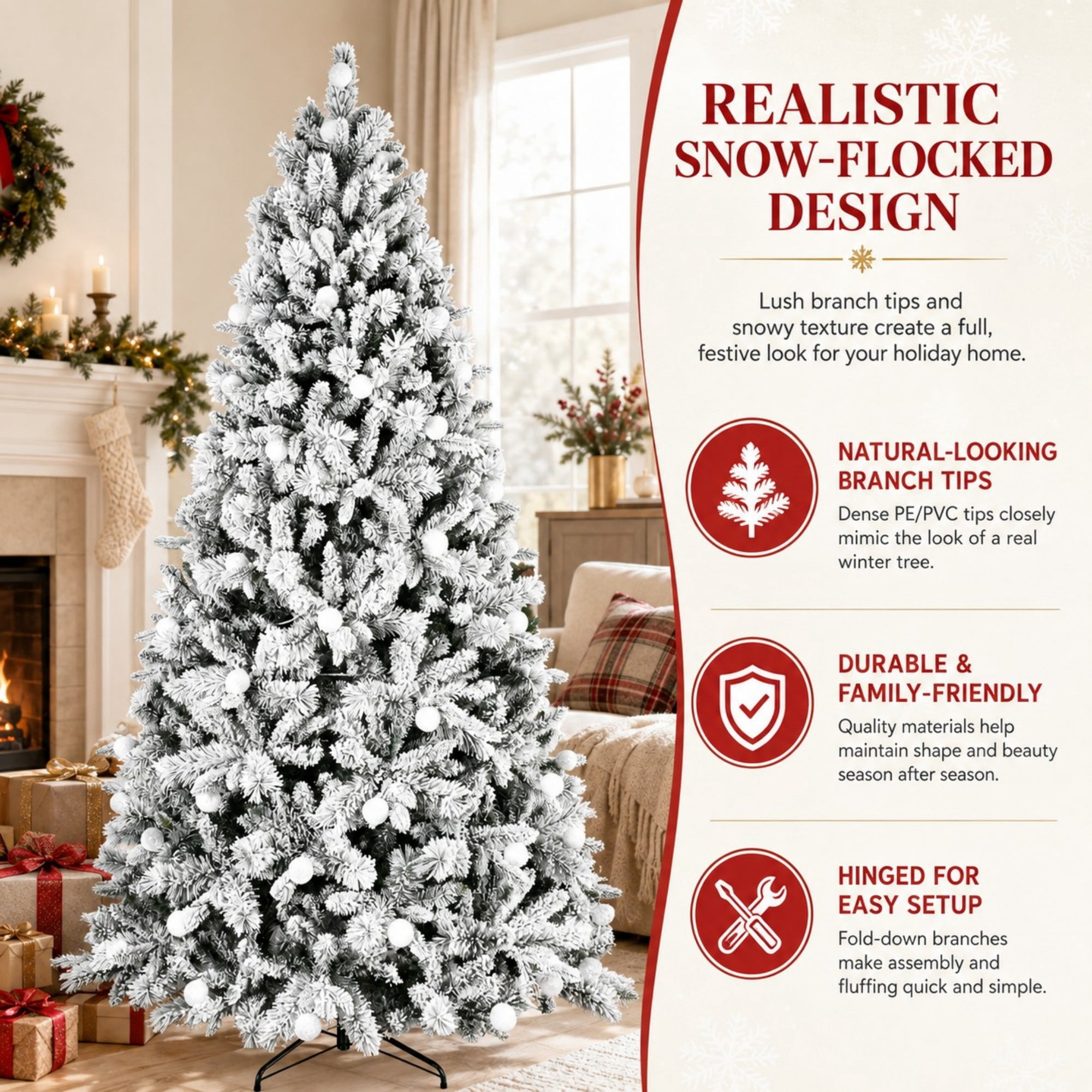 DEALTOPS 7.5 FT Pre-Lit Flocked Artificial Christmas Tree with 400 G45 LED Lights, 10 Modes & 1523 Tips