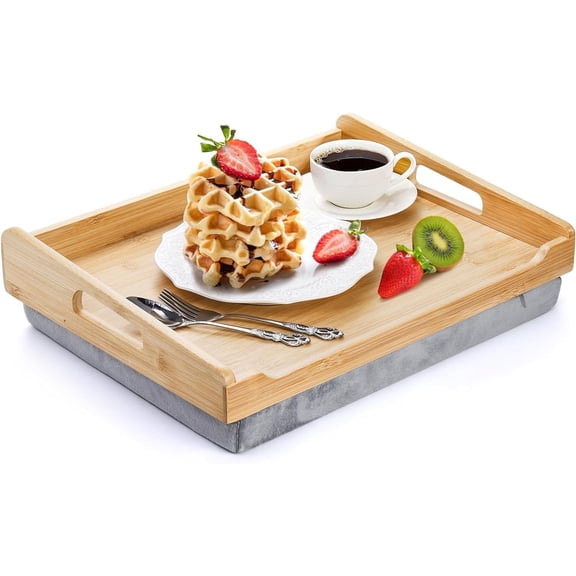 Bamboo Lap Tray with Detachable Cushion, 16.5"x 12.5" Bed Trays TV Lap Desk, Breakfast Meal Serving Tray with Handle for Adults Eating in Recliner, Couch, Car, Fits for 13-14 Inch Laptops