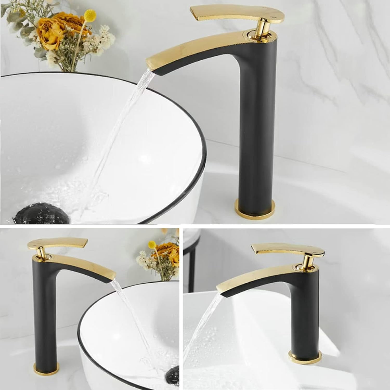 Basin Faucet Waterfall, Sink Faucet Hot and Cold Mix Tap, Brass Faucet Bathroom, Waterfall Single Handle Bathroom Sink Faucet, White Gold B, Short