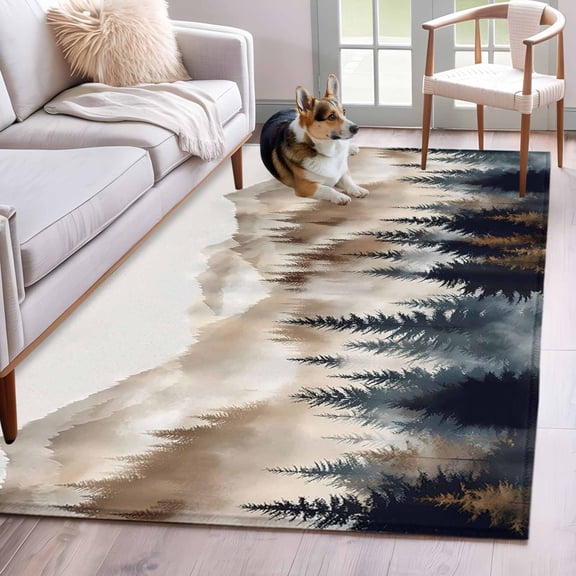 Area Rug for Living Room, Tan Trees Forest Non-Slip Indoor Large Carpet for Bedroom/Dining Room, Mountain Woods Natural Scenery Washable Low-Profile Rectangle Floor Mat Runner Rugs - 3 x 5 Ft