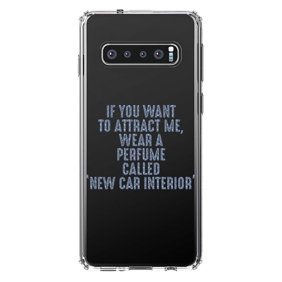 DistinctInk Clear Shockproof Hybrid Case for Samsung Galaxy S10 (6.1" Screen) - TPU Bumper Acrylic Back Tempered Glass Screen Protector - Wear Perfume Called "New Car Interior"