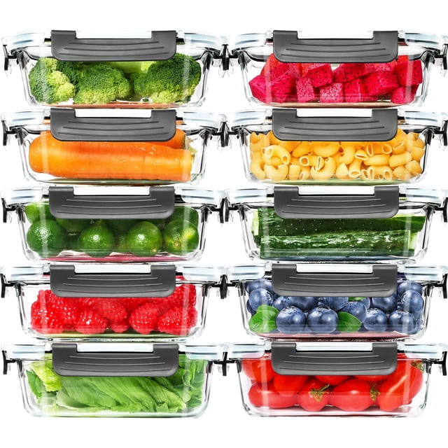 Skroam 10 Pack Glass Meal Prep Containers, Airtight Food Storage Containers with Lids, Pantry Kitchen Storage Containers for Lunc