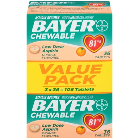 - Bayer Chewable Aspirin Regimen Low Dose Pain Reliever Tablets, 81mg, Orange, 108 Ct