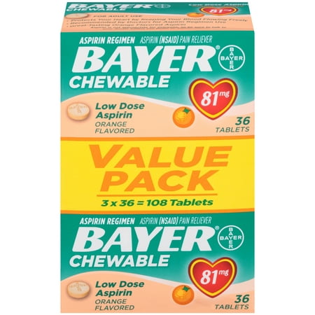 Bayer Chewable Aspirin Regimen Low Dose Pain Reliever Tablets, 81mg, Orange, 108