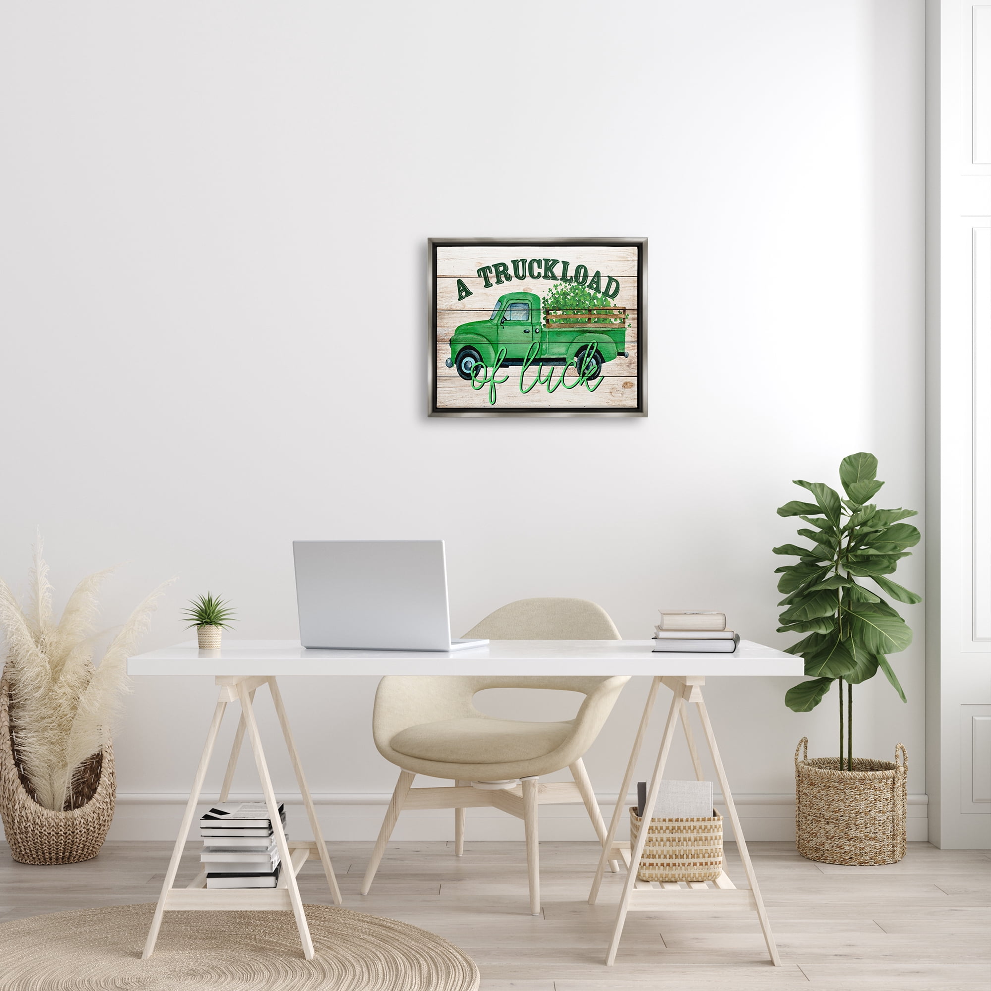 Stupell Truckload Of Luck St Patrick's Day Farmhouse Holiday Painting Gray Floater Framed Art Print Wall Art