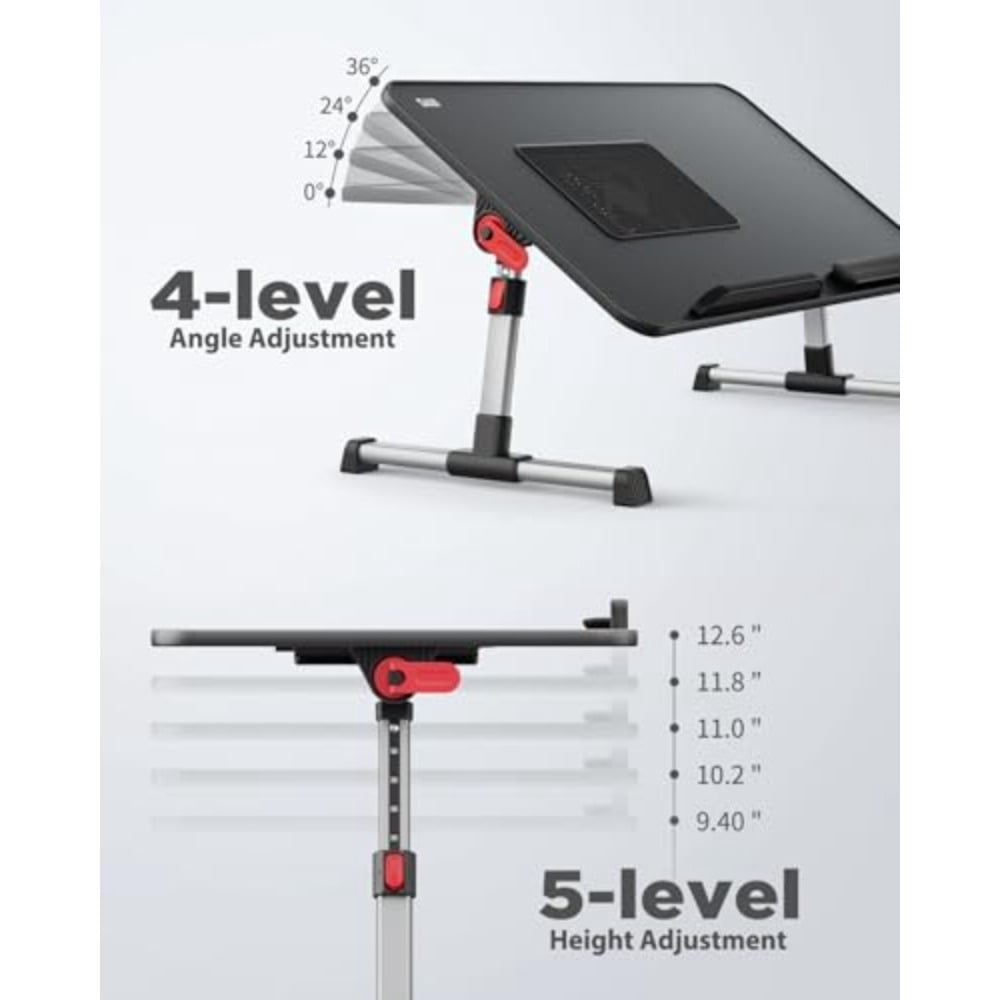 Laptop Desk for Bed with Cooling Fan, Height and Angle Adjustable Laptop Stand for Bed, Lap Desk Tray Table, Lightweight Foldable Portable Computer Table for Couch Sofa Chair Floor Desk