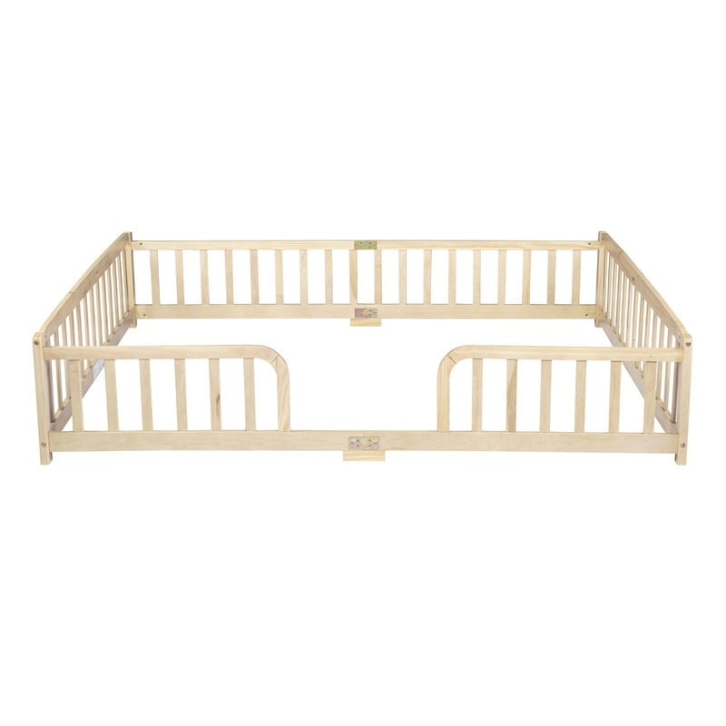 Queen Size Montessori Kids Floor Bed with Entrance, Toddler Crib Fence Bed, Low-Profile Wood Platform Bed Frame with Curved Guardrails