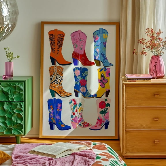 Wall Art, Cowgirl Art, Colorful Cowboy Boots Print, Western Bedroom Decor, Floral And Animal Print Boot Artwork, Country Home Wall Decor Wall Art, Modern Wall Decor For Living Room, 8x12 UNFRAMED