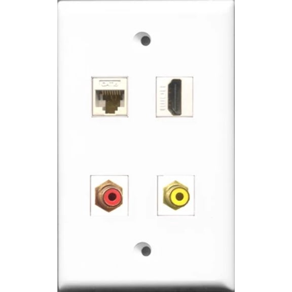 RiteAV 1 Port HDMI and 1 Port RCA Red and 1 Port RCA Yellow and 1 Port Cat6 Ethernet White Wall Plate