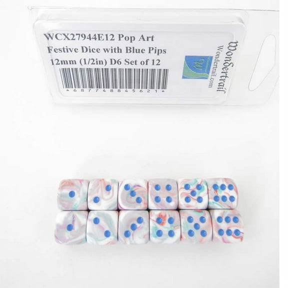 Pop Art Festive Dice with Blue Pips 12mm (1/2in) D6 Set of 12 Wondertrail