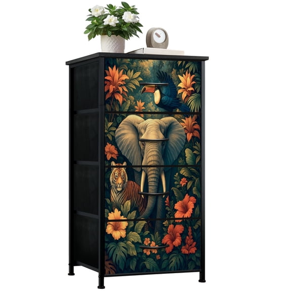 Dresser for Bedroom with 4 Storage Drawers Jungle Scene Elephant Tiger Tropical Birds Foliage Dressers Chest of Drawers Steel Framed Fabric Closet Organizers for Entryway