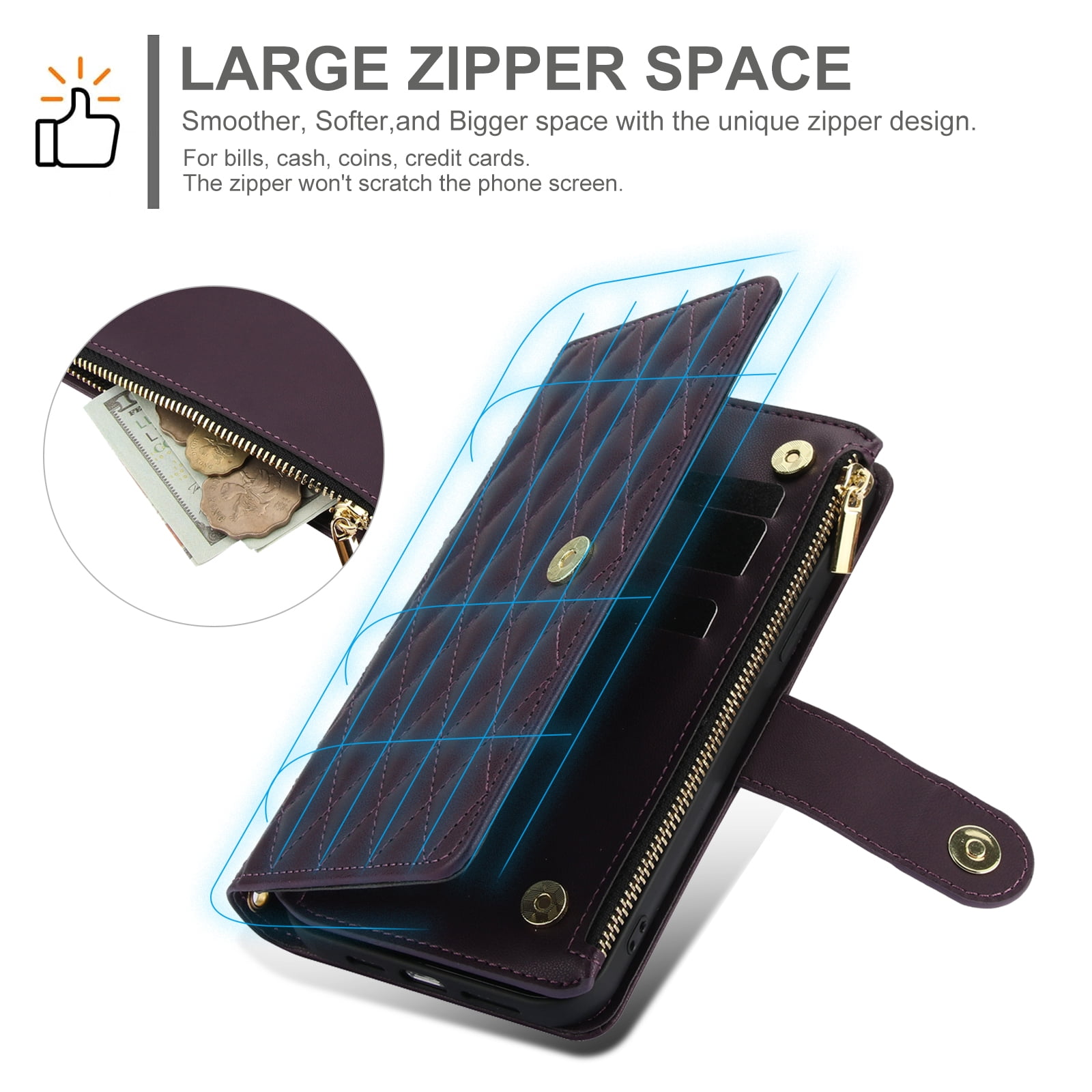 Phone Case for Apple iPhone 14 Plus, Premium iPhone 14 Plus Case with Wallet, Card Holder, Coin Zipper Pocket Shockproof Flip Cover Stand with Wrist Strap & Detachable Shoulder Strap,Darkpurple