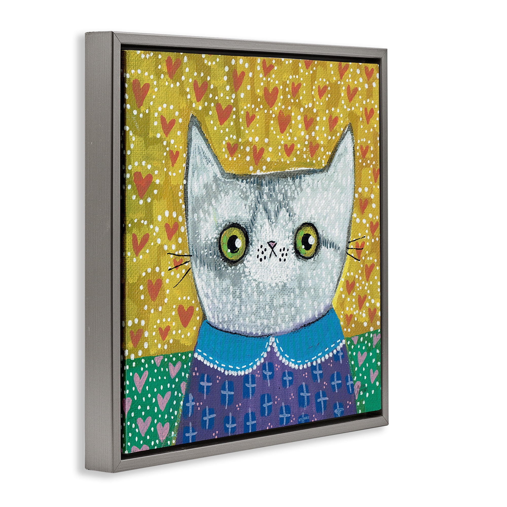 Stupell Industries Kitten with Fun Patterns Animals & Insects Painting Gray Floater Framed Canvas Art Print Wall Art, 25 x 25
