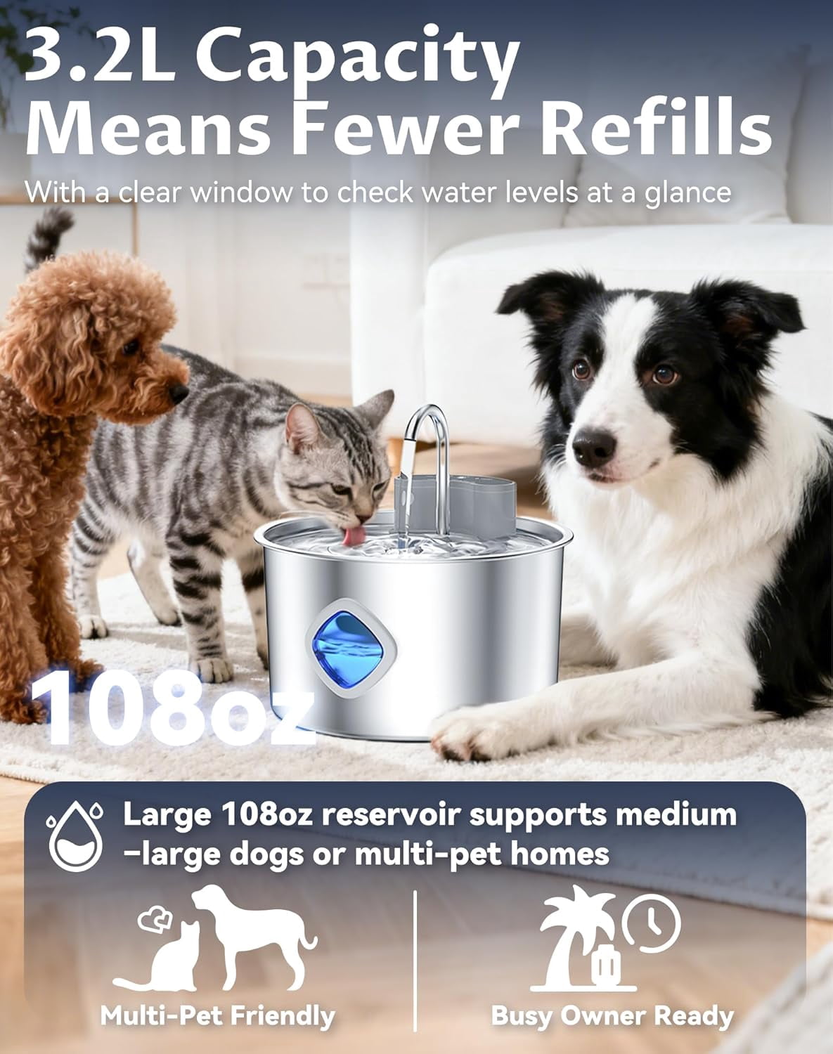 Dog Water Bowl, 3.2L Dog Water Fountain, Quad-Purification System and Continuous Circulating Water Flow,Stainless Steel Easy-to-Clean,Quiet Operation,Water Bowl for Dog Cat (Bowl+10Set Filter)