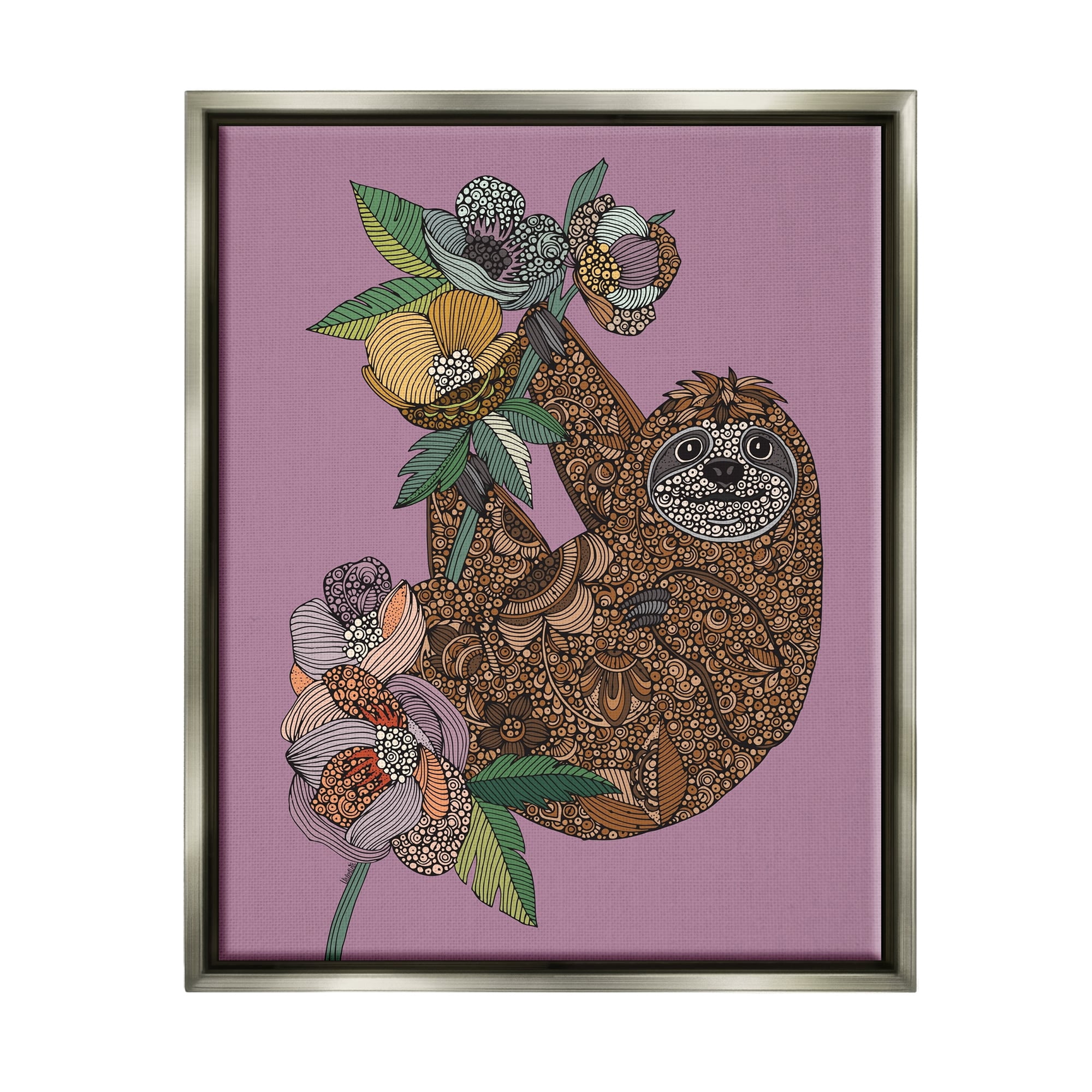 Stupell Industries Sloth Hanging Flower Blossoms Intricate Fractals Pattern Graphic Art Luster Gray Floating Framed Canvas Print Wall Art, Design by Valentina Harper