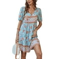 thumbnail image 1 of Liacowi Women´s Boho Print Dress T shirt Bohemian Summer V Neck Short Sleeve Floral Beach Dress Flowy Swing Casual Mini Dress, 1 of 9