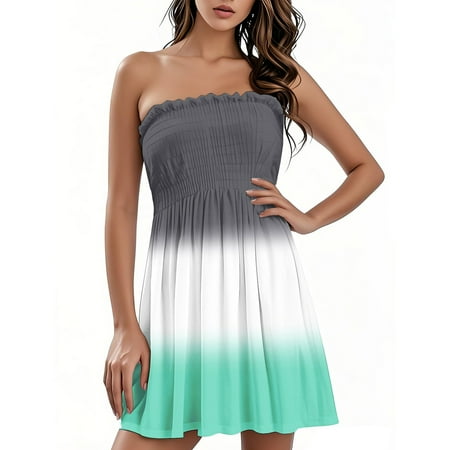 OAMDNDEA Beach Dresses for Women 2025 Vacation Sleeveless Gradient Beach Coverups Summer Strapless Sun Dresses Flowy Plus Size Off the Shoulder Tube Top Dress Beach Vacation Clothes Light Blue XL
