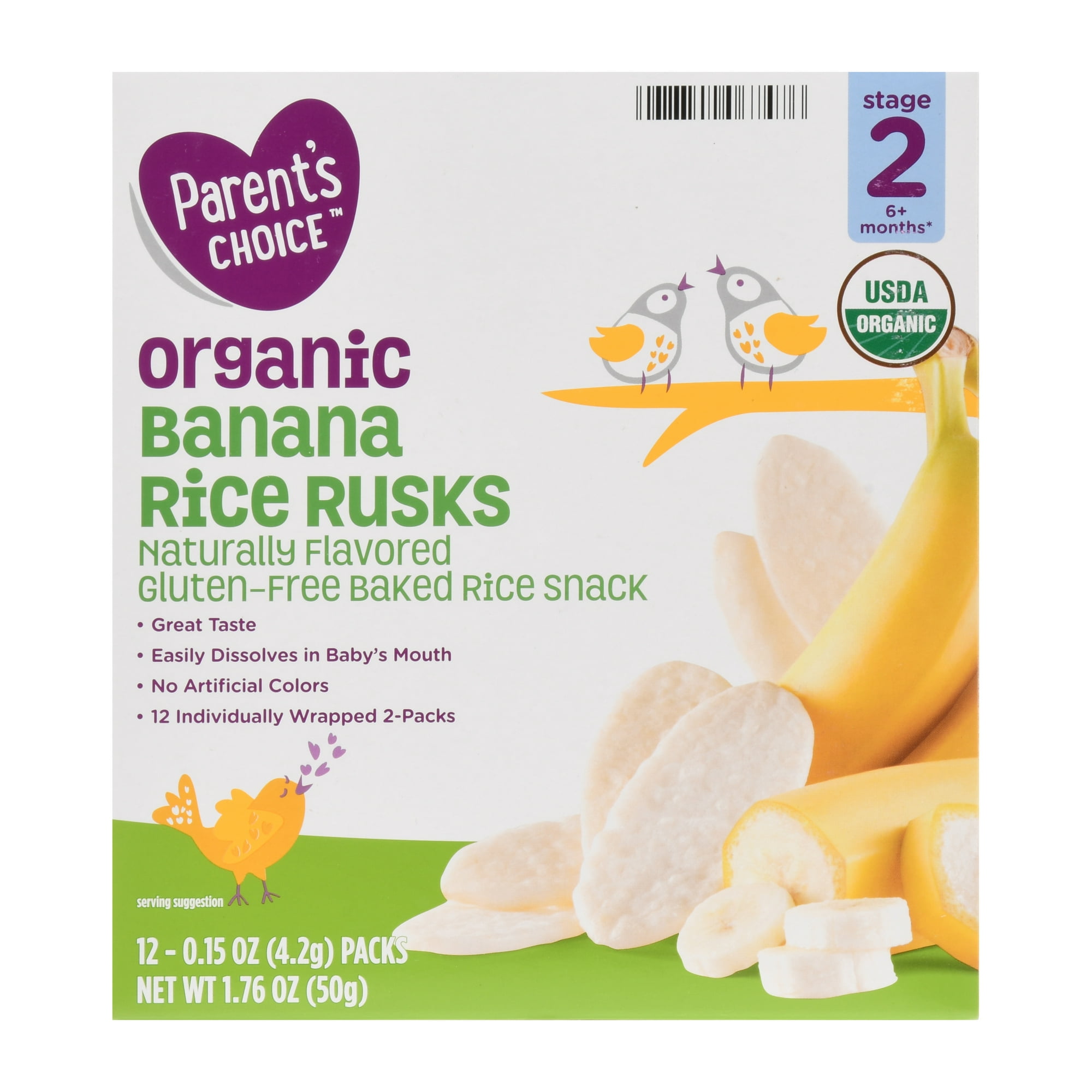 Parent's Choice Organic Banana Rice Rusks Baby Snacks, 0.15 oz, 12 Pack
