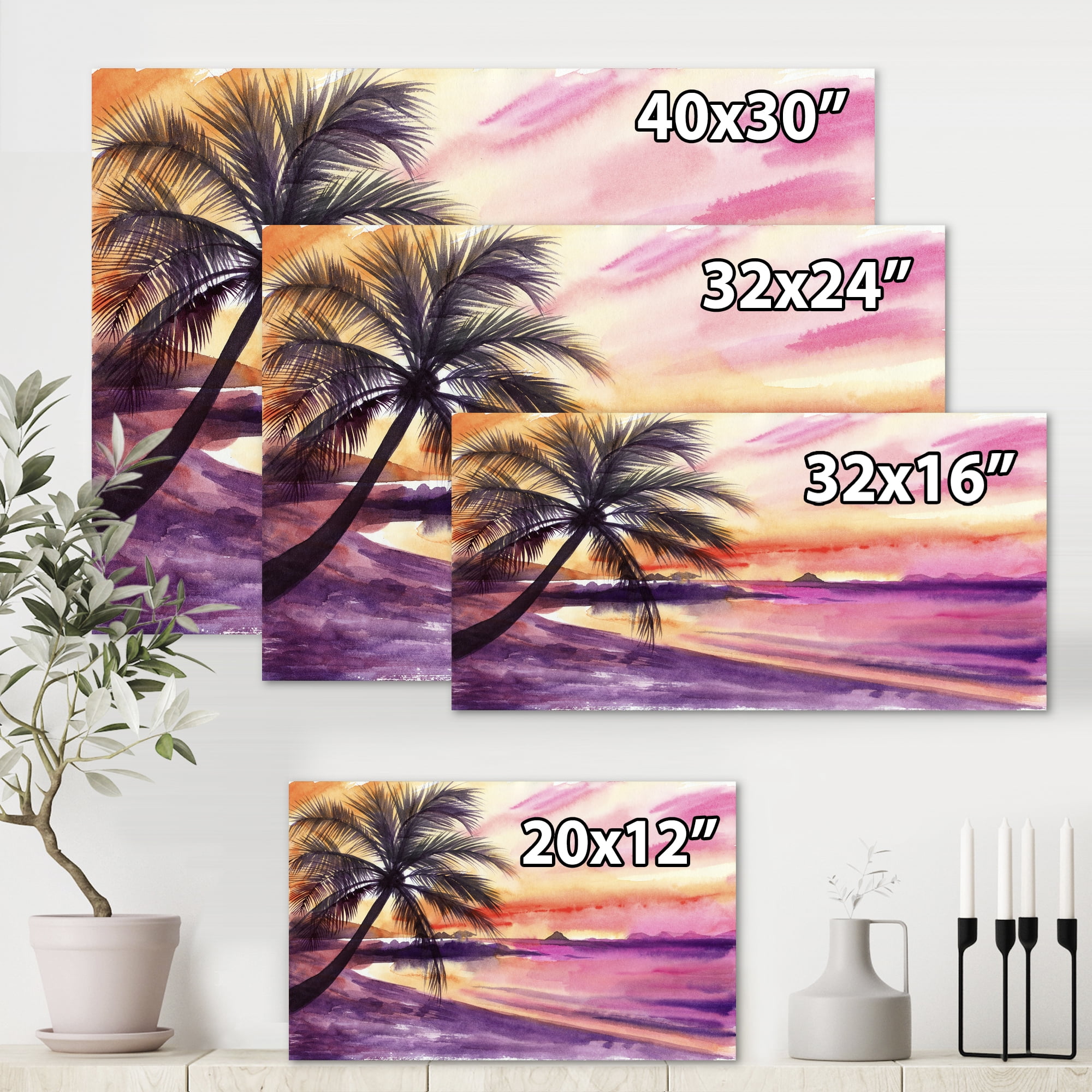 Designart ' Purple and Pink Palm Beach Sunset ' Nautical & Coastal Canvas Wall Art Print