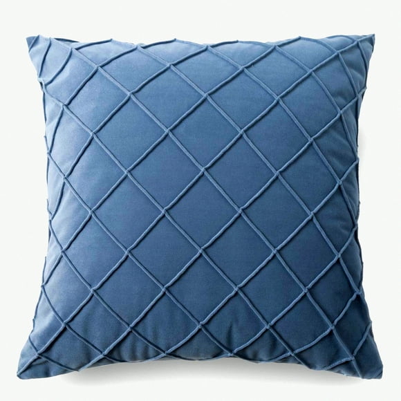 Velvet Pleated Blue Throw Pillow - Soft Square Cushion Cover 20x20 Inch for Couch, Bed, Patio - Decorative Textured Pillowcase - 1PC