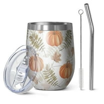 12oz Stemless Wine Tumblers Fall Pumpkins Leaves Pattern Vacuum Insulated Stainless Steel Travel Tumbler Cups Mug with Lid and Straw for Champaign,Cocktail,Beer with Cleaning Brush