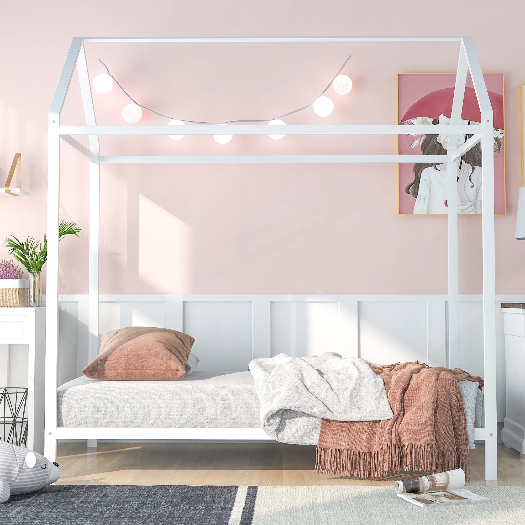 Gewnee Twin Size Kids House Bed,Metal Platform Bed Frame with Roof,White