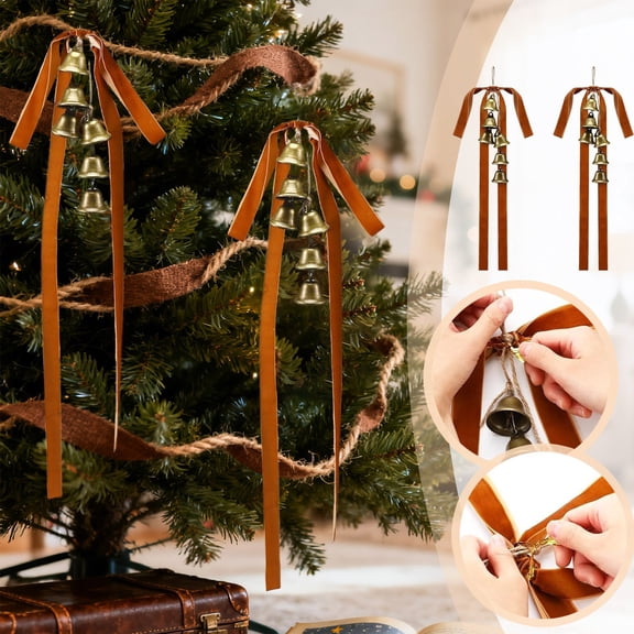 23.62Inch Rustic Gold Christmas Bells with Velvet Ribbon Bows, Large Vintage Hanging Bells for Xmas Tree Topper, Staircase Wall Door Wreath Garland Garden Indoor Outdoor Festive Decor