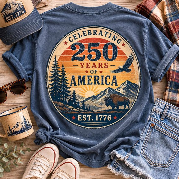 250 Years of America Patriotic Tee, Vintage National Park Sunset Graphic Shirt,