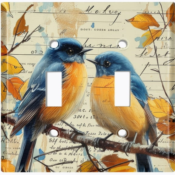 Metal Light Switch Wall Plate Outlet Cover (Printed Image of Rustic Scrapbook Art with Birds - Double Toggle)