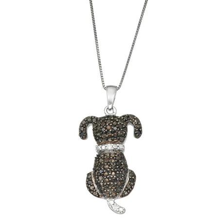 1/10 CTTW White and Black Diamonds Necklace Pendant with Pet Dog Canine Design Rhodium Plated Sterling Silver, Ideal for Women, Men - 18"