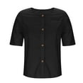 thumbnail image 4 of Wyobmus Womens Linen Button Down Shirt Half Sleeve Crew Neck T Shirt Lightweight Solid Cotton Collared Blouses With Pocket S-2X Black, 4 of 6